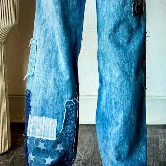Oli & Hali Blue Straight Leg Jeans with Distinctive Patchwork - Picture 7 of 7